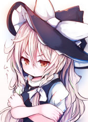 Rule 34 | &gt;:/, 1girl, :/, beni shake, black dress, blonde hair, blush, bow, braid, brown eyes, closed mouth, crossed arms, dress, hat, hat bow, kirisame marisa, long hair, looking at viewer, puffy short sleeves, puffy sleeves, short sleeves, side braid, solo, touhou, upper body, v-shaped eyebrows, white bow, witch hat