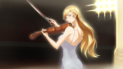 Rule 34 | 1girl, absurdres, artist name, blonde hair, blue eyes, blurry, blurry background, bow (music), commentary, dress, english commentary, hair ornament, hairclip, highres, holding, holding instrument, holding violin, indoors, instrument, miyazono kawori, music, playing instrument, rezzealaux, shigatsu wa kimi no uso, solo, standing, violin