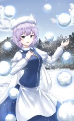 Rule 34 | 1girl, absurdres, apron, blue eyes, blue skirt, blue vest, cloud, commentary, cryokinesis, day, english commentary, floating, forest, hat, highres, kuneamorai, letty whiterock, long sleeves, looking at viewer, mixed-language commentary, nature, open mouth, outdoors, purple hair, shirt, short hair, skirt, smile, snow, snowball, solo, touhou, vest, waist apron, white apron, white hat, white shirt, winter