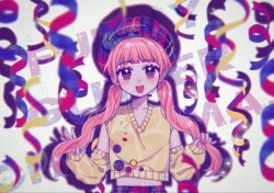 Rule 34 | + +, 1girl, animification, beret, blush, brown eyes, buttons, collarbone, detached sleeves, hat, head tilt, highres, holding, holding own hair, k-pop, lily (nmixx), looking at viewer, nmixx, o bianyi didi shu o, pink hair, plaid, plaid headwear, plaid shorts, real life, shorts, sleeveless, sleeveless sweater, smile, solo, streamers, sweater, twintails, yellow sweater
