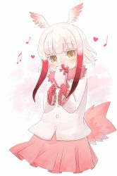 Rule 34 | 10s, 1girl, beamed quavers, blush, box, covered mouth, gift, gift box, gloves, head wings, highres, japanese crested ibis (kemono friends), kemono friends, kibisake, long sleeves, looking at viewer, multicolored hair, musical note, quaver, red gloves, red hair, red skirt, sidelocks, simple background, skirt, solo, two-tone hair, valentine, white background, white hair, wings