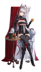 Rule 34 | 1girl, alcohol, arknights, bottle, breasts, covered erect nipples, cryturtle, cup, grey hair, highres, horns, ice, large breasts, looking at viewer, red eyes, short hair, simple background, sitting, smile, solo, tail, thighs, underboob, w (arknights), whiskey, white background