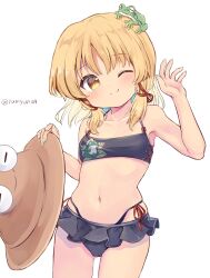 Rule 34 | 1girl, adapted costume, bare shoulders, bikini, blonde hair, breasts, closed mouth, commentary request, gluteal fold, hand up, hat, unworn hat, unworn headwear, highres, long hair, looking at viewer, moriya suwako, navel, petite, ramudia (lamyun), simple background, small breasts, smile, solo, split mouth, swimsuit, thigh gap, touhou, white background, yellow eyes