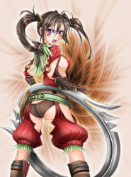 Rule 34 | 1041 (toshikazu), 1girl, :d, ass, blade, brown hair, brown panties, fang, from behind, jewelry, long hair, looking at viewer, looking back, mole, open mouth, panties, purple eyes, ring, smile, solo, soul calibur, soulcalibur iv, standing, tira (soulcalibur), twintails, underwear, weapon