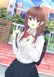 Rule 34 | 1girl, 7 calpis 7, bag, blue skirt, blue sky, blurry, blurry background, blush, bow, breasts, brick wall, brown eyes, brown hair, building, cherry hair ornament, cloud, cloudy sky, collared shirt, commentary request, day, depth of field, dress shirt, food-themed hair ornament, gate, hair between eyes, hair bow, hair ornament, highres, long hair, moe2019, original, outdoors, pink bow, pleated skirt, red bow, revision, school bag, school uniform, shirt, skirt, sky, small breasts, solo, striped, striped bow, translated, white shirt