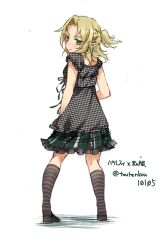 Rule 34 | 1girl, alternate costume, bare arms, blonde hair, blush, casual, contemporary, dress, earrings, green eyes, jewelry, kneehighs, looking at viewer, looking back, mizuhashi parsee, pointy ears, print dress, sleeveless, sleeveless dress, socks, solo, striped clothes, striped socks, touhou, toutenkou, white background
