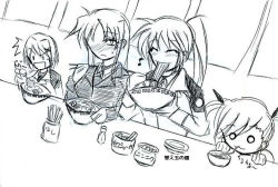 Rule 34 | 00s, 4girls, ^ ^, blush, bowl, chopsticks, closed eyes, crazy eyes, drinking, drinking straw, dutch angle, eating, closed eyes, fate testarossa, frown, full-face blush, greyscale, hair ornament, hidden face, holding, indoors, long sleeves, lyrical nanoha, mahou shoujo lyrical nanoha, mahou shoujo lyrical nanoha strikers, meandros, military, military uniform, monochrome, multiple girls, muscular, musical note, o o, ponytail, quaver, side ponytail, sitting, sketch, sweatdrop, table, takamachi nanoha, uniform, upper body, vivio, white background, x hair ornament, yagami hayate