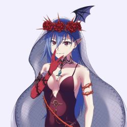 Rule 34 | 1girl, blue hair, breasts, closed mouth, dress, earrings, flower, gloves, highres, jewelry, kaien advance, long hair, looking at viewer, maria traydor, pointy ears, red eyes, red flower, red rose, rose, simple background, solo, star ocean, star ocean till the end of time, thorns, vampire