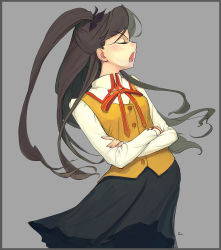 Rule 34 | 1girl, blush, crossed arms, closed eyes, fate/stay night, fate (series), hair ribbon, homurahara academy school uniform, long hair, open mouth, profile, ribbon, school uniform, solo, tohsaka rin, tsundere, twintails, two side up, yu li