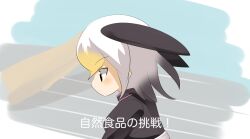 Rule 34 | 1girl, bald eagle (kemono friends), black shirt, black wings, blonde hair, blue background, blush, closed mouth, commentary request, expressionless, grey background, grey hair, head wings, kemono friends, lets0020, looking down, medium bangs, medium hair, multicolored hair, profile, shirt, solo, translation request, wings, yellow eyes