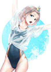 Rule 34 | 1girl, alternate hairstyle, arms up, bangs pinned back, blue background, blue eyes, blue one-piece swimsuit, circle, collarbone, commentary request, competition swimsuit, cowboy shot, grey hair, groin, hair bobbles, hair ornament, highleg, highleg swimsuit, highres, idolmaster, idolmaster shiny colors, looking away, mikel (4hands), one-piece swimsuit, open mouth, outstretched arms, see-through, serizawa asahi, shirt, short hair, short sleeves, solo, standing, swimsuit, teeth, tied shirt, two-tone background, upper teeth only, wet, wet clothes, wet shirt, white background, white shirt
