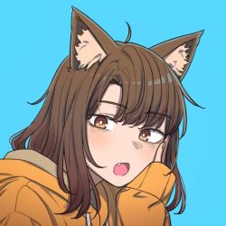 Rule 34 | 1girl, arm support, blue background, blush, bright pupils, brown eyes, brown hair, fang, head rest, hood, hoodie, long sleeves, looking at viewer, open mouth, orange hoodie, original, portrait, solo, texus, white pupils