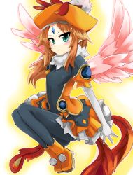 Rule 34 | 1girl, absurdres, blush, brown hair, feathers, forehead jewel, gloves, green eyes, hat, highres, long hair, pantyhose, phoenicia, pink wings, pom pom (clothes), shinrabanshou, skirt, solo, white gloves, wings, yoshizawa tsubaki
