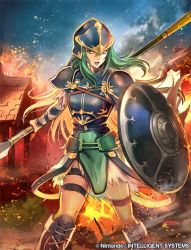 Rule 34 | aqua eyes, aqua hair, armor, boots, breastplate, burning, burning building, commentary request, company connection, copyright name, fire, fire emblem, fire emblem: path of radiance, fire emblem cipher, helmet, holding, holding shield, holding weapon, house, knee boots, long hair, nephenee, night, nij 24, nintendo, official art, open mouth, outdoors, polearm, shield, short sleeves, shoulder armor, skirt, solo, spear, thigh strap, torn clothes, torn skirt, weapon