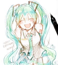 Rule 34 | 1girl, :d, ^ ^, art tools in frame, bare shoulders, black skirt, blush, breasts, character name, closed eyes, collared shirt, facing viewer, green hair, green necktie, hair between eyes, hair ornament, happy birthday, hatsune miku, headset, highres, long hair, medium breasts, necktie, open mouth, photo (medium), pleated skirt, shirt, sidelocks, signature, simple background, sketch, skirt, sleeveless, sleeveless shirt, smile, sofra, solo, tie clip, traditional media, twintails, very long hair, vocaloid, white background, white shirt