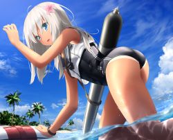 Rule 34 | 10s, 1girl, ass, beach, blue eyes, blush, child, cloud, crop top, day, flower, goribote, hair flower, hair ornament, kantai collection, kneeling, lifebuoy, long hair, looking at viewer, one-piece swimsuit, open mouth, outdoors, palm tree, partially submerged, partially underwater shot, ro-500 (kancolle), sailor collar, school swimsuit, school uniform, serafuku, silver hair, sky, smile, solo, swim ring, swimsuit, swimsuit under clothes, tan, tanline, torpedo, tree, underwater, wading, water, wet