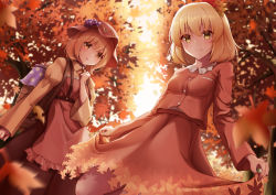 Rule 34 | 2girls, absurdres, aki minoriko, aki shizuha, autumn leaves, basket, blonde hair, blush, closed mouth, clothing cutout, commentary request, expressionless, feet out of frame, from below, hair between eyes, hat, highres, holding, holding clothes, holding skirt, leaf, looking at viewer, maple leaf, messiah &amp; crea, mob cap, multiple girls, orange eyes, orange hair, pantyhose, parted lips, polka dot, red headwear, short hair, siblings, sisters, skirt, smile, standing, standing on one leg, touhou, yellow eyes