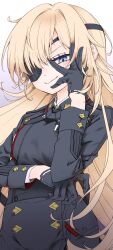 Rule 34 | 1girl, absurdres, arm under breasts, black dress, black gloves, blonde hair, blue eyes, breasts, closed mouth, dress, eyepatch, gloves, goddess of victory: nikke, guillotine (nikke), half gloves, highres, light blush, long hair, looking at viewer, military uniform, small breasts, smile, solo, tu pa pa pa, uniform, wavy hair