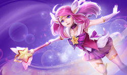 Rule 34 | 1girl, ahoge, alternate costume, alternate hair color, alternate hairstyle, bare shoulders, boots, breasts, choker, dutch angle, elbow gloves, gloves, goomrrat, headband, holding, holding weapon, league of legends, looking at viewer, lux (league of legends), magical girl, outstretched arm, pink hair, purple eyes, purple skirt, skirt, solo, star (symbol), star guardian (league of legends), star guardian lux, thigh boots, thighhighs, wand, weapon, white gloves, white thighhighs, zettai ryouiki