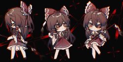 Rule 34 | 1girl, black sclera, brown hair, chibi, chinese commentary, collared shirt, colored sclera, commentary request, detached sleeves, frilled hair tubes, frills, hair between eyes, hair tubes, hakurei reimu, highres, long hair, mismatched sclera, multiple views, nontraditional miko, red eyes, red skirt, red vest, shirt, skirt, sleeveless, sleeveless shirt, touhou, usamisatori, vest, white shirt, white sleeves