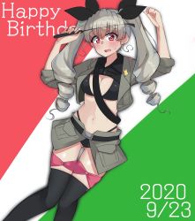 Rule 34 | absurdres, adapted costume, anchovy (girls und panzer), anzio military uniform, arms up, belt, bikini, bikini under clothes, black belt, black bikini, black ribbon, black thighhighs, blush, breasts, cleavage, commentary, cropped jacket, dated, drill hair, english text, flag background, from above, frown, girls und panzer, gluteal fold, green hair, grey jacket, grey skirt, hair ribbon, happy birthday, highleg, highleg bikini, highres, holding, holding riding crop, italian flag, jacket, kshimu, long hair, long sleeves, looking at viewer, lying, medium hair, miniskirt, navel, on back, open clothes, open jacket, open mouth, red eyes, ribbon, riding crop, sam browne belt, skindentation, skirt, sleeves rolled up, sweatdrop, swimsuit, text background, thigh gap, thigh strap, thighhighs, twin drills, twintails