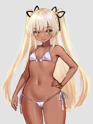 Rule 34 | 1girl, bikini, blonde hair, blush, breasts, cameltoe, dark skin, front-tie bikini top, front-tie top, full body, gluteal fold, grey background, hair ornament, hand on own hip, looking at viewer, original, ribbon, side-tie bikini bottom, small breasts, smile, solo, standing, swimsuit, twintails, wide hips, yapo (croquis side), yellow eyes