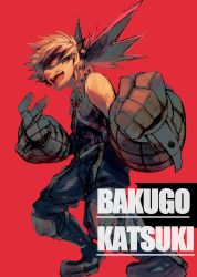 Rule 34 | 1boy, absurdres, bakugou katsuki, blonde hair, boku no hero academia, boots, character name, clenched hand, full body, highres, knee pads, kuroha dayo, male focus, mask, open mouth, pants, red background, red eyes, shirt, simple background, sleeveless, sleeveless shirt, solo, standing