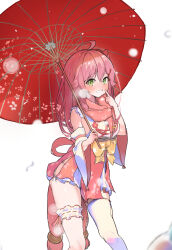 Rule 34 | 1girl, ahoge, bow, breasts, bridal garter, commentary, detached sleeves, dress, english commentary, feet out of frame, green eyes, grin, hand up, highres, holding, holding umbrella, hololive, index finger raised, long hair, looking at viewer, lovelyme, medium breasts, nontraditional miko, oil-paper umbrella, pink hair, pink scarf, sakura miko, scarf, single thighhigh, sleeveless, sleeveless dress, smile, snowing, solo, standing, thighhighs, umbrella, very long hair, virtual youtuber, white thighhighs, yellow bow