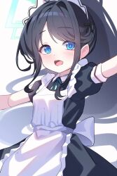 Rule 34 | 1girl, absurdly long hair, apron, aris (blue archive), aris (maid) (blue archive), black dress, black hair, blue archive, blue eyes, blush, dress, frilled apron, frills, green halo, halo, highres, long hair, maid, maid apron, maid headdress, official alternate costume, open mouth, poko050498, short sleeves, simple background, solo, very long hair, white apron, white background