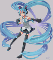 Rule 34 | 1girl, black skirt, black thighhighs, blue eyes, blue hair, boots, detached sleeves, female focus, fkey, full body, hatsune miku, highres, jewelry, long hair, looking at viewer, matching hair/eyes, miniskirt, necklace, open mouth, pleated skirt, simple background, skirt, solo, thigh boots, thighhighs, twintails, very long hair, vocaloid, zettai ryouiki