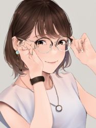 Rule 34 | 1girl, adjusting eyewear, bob cut, brown eyes, brown hair, closed mouth, earrings, glasses, grey background, hands up, jewelry, looking at viewer, mole, mole under eye, necklace, original, saitou (lynx-shrike), shirt, short hair, simple background, sleeveless, sleeveless shirt, smile, solo, white shirt
