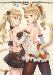 Rule 34 | 2girls, animal ears, back, backless dress, backless outfit, bare shoulders, bell, black dress, black legwear, blonde hair, bow, breasts, cat ears, cat tail, clothing cutout, detached collar, detached sleeves, dog ears, dog tail, dress, fangxiang cuoluan, from behind, green eyes, hair bell, hair bow, hair ornament, highres, long hair, looking back, multiple girls, original, pantyhose, ponytail, print legwear, ribbon, shiny skin, short dress, sideboob, tail, tail bell, tail bow, tail ornament, tail ribbon, tail through clothes, twintails, white dress, white legwear