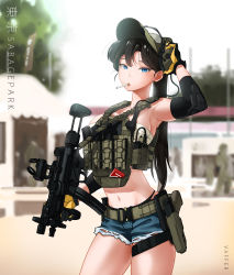 Rule 34 | 1girl, absurdres, airsoft, artist name, baseball cap, black hair, blue eyes, cigarette, cigarette pack, denim, denim shorts, elbow pads, english text, gloves, gun, h&amp;k mp5, hair between eyes, handgun, hat, headphones, highres, holding, holding weapon, holster, holstered, looking at viewer, magazine (weapon), midriff, military, navel, original, outdoors, pistol, pouch, sarashi, short shorts, shorts, solo, submachine gun, tactical clothes, vaffer, vest, walkie-talkie, weapon