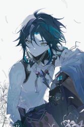 Rule 34 | 1boy, ahoge, arm tattoo, bead necklace, beads, black gloves, black hair, blue hair, closed mouth, facial mark, flower, forehead mark, genshin impact, gloves, highres, jewelry, male focus, multicolored hair, necklace, simple background, solo, tattoo, upper body, white flower, xiao (genshin impact), yellow eyes, yue (shemika98425261)