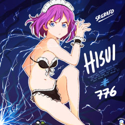 Rule 34 | 1girl, bikini, blue eyes, english text, hisui (tsukihime), maid, maid bikini, maid headdress, purple hair, srgrafo, swimsuit, tsukihime, unconventional maid
