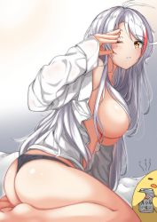 Rule 34 | 1girl, absurdres, animal, asahi breweries, ass, azur lane, bare legs, barefoot, beer can, bird, black panties, blush, breasts, can, chick, collared shirt, dress shirt, drink can, hair censor, hair over breasts, highres, holding, holding can, large breasts, long hair, long sleeves, looking at viewer, looking to the side, manjuu (azur lane), moyoron, multicolored hair, no panties, off shoulder, open clothes, open shirt, orange eyes, panties, prinz eugen (azur lane), red hair, shirt, sleeves past wrists, solo, streaked hair, underwear, very long hair, white hair, white shirt