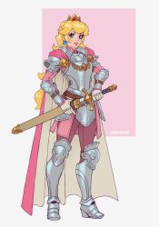 Rule 34 | 1girl, absurdres, alternate costume, armor, armored boots, artist name, belt, blonde hair, blue eyes, blush, boots, breastplate, cape, closed mouth, crown, diego fonteriz, earrings, female focus, full body, gem, gloves, grey footwear, happy, highres, holding, holding sword, holding weapon, jewelry, light blush, lips, long hair, long sleeves, looking to the side, mario (series), nintendo, pants, pauldrons, pink background, pink cape, pink lips, pink shirt, princess peach, purple pants, scabbard, sheath, sheathed, shirt, shoulder armor, signature, simple background, smile, solo, standing, sword, two-tone background, vambraces, weapon, white gloves