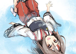 Rule 34 | 10s, 1girl, amano kouki, flat chest, hachimaki, headband, high ponytail, highres, japanese clothes, kantai collection, light brown hair, long hair, lying, lying on water, muneate, on back, ponytail, solo, wide sleeves, zuihou (kancolle)