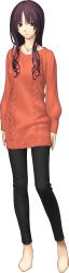 Rule 34 | 1girl, absurdres, aran sweater, black pants, brown eyes, brown hair, cable knit, dress, full body, highres, jewelry, looking at viewer, mahou tsukai no yoru, necklace, official art, orange shirt, orange sweater, pants, shirt, smile, socks, solo, suse ritsuka, sweater, sweater dress, transparent background