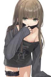 Rule 34 | 1boy, bare shoulders, black mask, black shirt, blunt bangs, bridal garter, brown hair, clothes writing, collarbone, commentary request, cowboy shot, crossdressing, green eyes, gretel (sinoalice), hair between eyes, highres, leaning forward, legband, long hair, long sleeves, looking at viewer, loose clothes, loose shirt, male focus, mask, mouth mask, nipple slip, nipples, off shoulder, oversized clothes, shirt, sidelocks, simple background, single bare shoulder, sinoalice, sleeves past wrists, solo, sunaba (nczd5875), surgical mask, thigh gap, thigh strap, thighs, trap, white background
