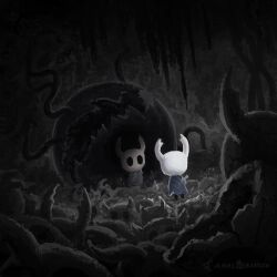 Rule 34 | 1other, artist name, cape, cave, cloak, dark, from behind, full body, grey cloak, highres, hollow eyes, hollow knight, horns, jamesbbarrow, knight (hollow knight), nail (hollow knight), no humans, reflection, standing, underground, weapon