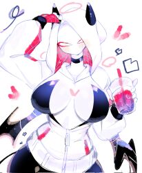Rule 34 | blush, breasts, cup, demon horns, demon tail, demon wings, drinking glass, drinking straw, gwen stacy, halo, heart, highres, hood, hoodie, horns, large breasts, looking at viewer, marvel, skin tight, spider-gwen, spider-man: into the spider-verse, spider-man (series), spider-verse, tail, thick thighs, thighs, usa37107692, wide hips, wings, zipper