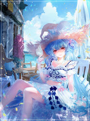 Rule 34 | 1girl, absurdres, blue hair, crop top, cup, day, drink, frilled shirt, frills, gloves, hair ornament, hair rings, hairclip, hat, hat ornament, highres, holding, holding cup, holding drink, komorihikki, lace, lace gloves, long hair, navel, original, outdoors, parted lips, petals, plant, red eyes, seashell, shell, shirt, short sleeves, sitting, skirt, sky, smile, solo, starfish, starfish hair ornament, straw hat, two side up, very long hair, witch hat