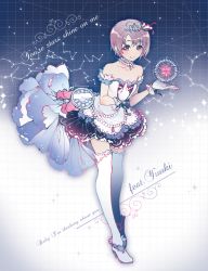 Rule 34 | 1girl, arm cuffs, artist name, ballpoint pen (medium), blue skirt, blush, bow, bracelet, character name, chimoon, clenched hand, closed mouth, collar, collarbone, compass, constellation, detached collar, dot nose, dress, english text, engrish text, feather hair ornament, feathers, frilled collar, frills, full body, gem, gloves, gradient background, grey eyes, grid background, hair ornament, hand on own chest, high heels, idolmaster, idolmaster cinderella girls, idolmaster cinderella girls starlight stage, jewelry, lace, lace-trimmed gloves, lace trim, layered dress, leaning forward, looking at viewer, otokura yuuki, outstretched hand, pearl (gemstone), pearl bracelet, pink bow, pocket watch, purple hair, ranguage, short hair, skirt, smile, solo, sparkle, standing, starry sky bright, strapless, strapless dress, thighhighs, tiara, traditional media, watch, white footwear, white gloves, white thighhighs