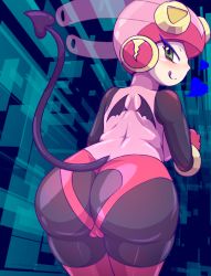 Rule 34 | 00s, 1girl, android, ass, ass cutout, ass expansion, blush, bodysuit, breasts, cameltoe, clothing cutout, come hither, corruption, dark persona, demon tail, demon wings, eroruru, from behind, gloves, green eyes, heart, heart cutout, helmet, huge ass, leaning, leaning forward, long hair, looking at viewer, looking back, mega man (series), mega man battle network, naughty face, roll.exe (mega man), shiny clothes, skin tight, smile, solo, tail, thighhighs, tongue, tongue out, turtleneck, wings