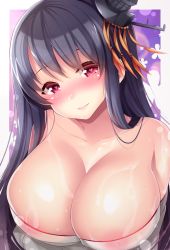 Rule 34 | 10s, 1girl, areola slip, arms at sides, ayuteisyoku, black hair, breasts, collarbone, fusou (kancolle), hair ornament, heart, heart-shaped pupils, japanese clothes, kantai collection, large areolae, large breasts, light smile, long hair, looking at viewer, nipples, off shoulder, red eyes, see-through, skindentation, solo, symbol-shaped pupils, upper body, wet, wet clothes