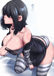 Rule 34 | 1girl, ?, ??, absurdres, aged up, alternate ass size, alternate body size, alternate breast size, animahakim, arm warmers, ass, bare shoulders, black dress, black hair, breasts, cleavage, dress, goth fashion, gradient background, green eyes, hair over eyes, highres, large breasts, lucy loud, no bra, panties, short dress, short hair, simple background, solo, strapless, strapless dress, striped clothes, striped panties, striped thighhighs, the loud house, thighhighs, thighs, underwear, white background
