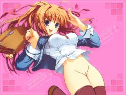 Rule 34 | 1girl, backpack, bag, blonde hair, blue eyes, blush, breasts, brown hair, character request, female focus, jumping, large breasts, long hair, miniskirt, navel, pussy, randoseru, red hair, school uniform, skirt, smile, solo, source request, thighhighs, third-party edit, tomose shunsaku, uncensored, wallpaper, zettai ryouiki