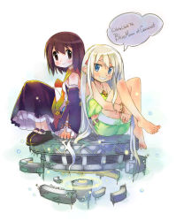 Rule 34 | 2girls, bangle, barefoot, blonde hair, blue eyes, bracelet, brown eyes, brown hair, cross, cross necklace, detached sleeves, earrings, english text, grin, jewelry, long hair, multiple girls, necklace, original, piah, pointy ears, shorts, simple background, sitting, smile, speech bubble, white background