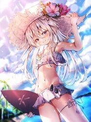 Rule 34 | 1girl, absurdres, bare arms, bare legs, bare shoulders, bikini, blue bikini, blue eyes, blue flower, blush, closed mouth, cloud, collarbone, cowboy shot, day, dfd, flower, grey hair, hair between eyes, hat, hat flower, hibiki (kancolle), highres, holding, holding surfboard, kantai collection, long hair, navel, ocean, outdoors, palm tree, purple flower, sky, smile, solo, straw hat, surfboard, swimsuit, tree